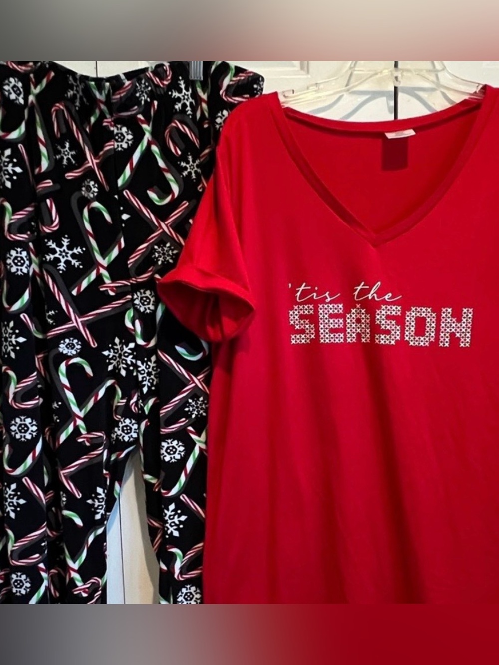 2 Pc PJ Set🎄Xmas -Soft Black Fleece Candy Cane Pajama Pants & Red Short Sleeve